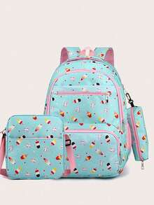 Combinación de regalo de 3 piezas de estilo universitario con estampado de dibujos animados, bolsón multifuncional de nailon de gran capacidad y peso ligero, adecuado para estudiantes, con múltiples bolsillos, correas ajustables para el hombro, ideal para la escuela y el transporte diario - Multicolor - Ver 6