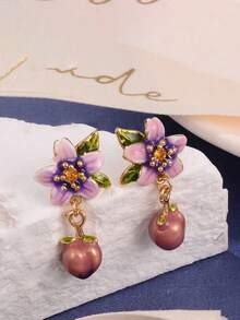 2 Pairs Elegant Multi-Color Metal Floral & Leaf Crystal Peach Dangle Earrings, Fashionable Accessories Suitable For Party, Wedding, Birthday, Daily Outfit - 彩色 - 查看 12