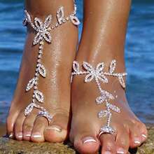 1 pièce Chaîne de cheville avec strass pour femmes. Bracelet de cheville en cristaux brillants, bijou de pied féminin pour mariage, fête. Accessoires de pied estivaux de style bohème avec faux perles pour femmes