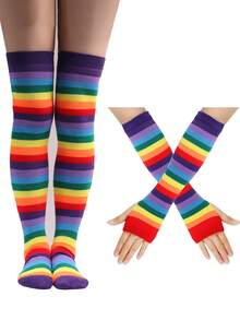 1 Set Knitted Rainbow Striped Leg Warmers & Gloves Set, Fashionable Creative Style, Skin-Friendly & Soft, Fits Teens & Women, Suitable For All Seasons - Multicolor - View 6