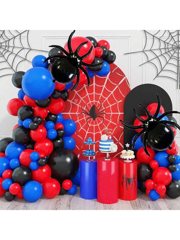 112 Stück komplettes Schwarze Spinnen Themen Ballon Bogen/beinhaltet Spinnen Folienballons + schwarze, rote, blaue Latex Ballons, geeignet für Geburtstagsfeiern/Superhelden Themen Partys/Halloween Dekorationshintergrund
