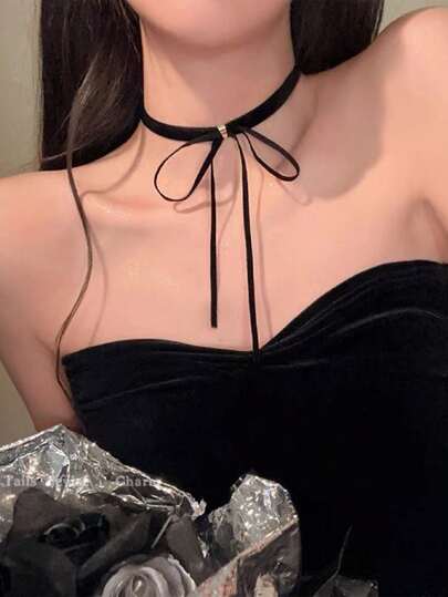 1pc Retro Velvet Bowknot Choker Necklace, Korean Style Minimalist Necklace Collar Suitable For Daily, Party, Holiday Occasions