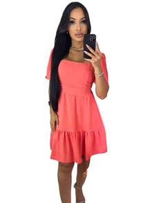 Duna Short Dress Simple Fabric Ruffle Daily Summer - Orange Salmon - View 3