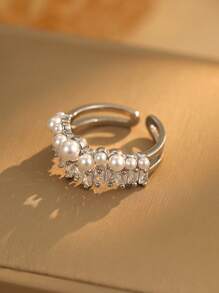 1pc Copper Minimalist Style Double Layer Open Pearl Ring, Elegant & Graceful Design For Women