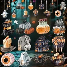 Halloween Tree Wood Ornaments 36 Pcs Set Pumpkin/Ghost/Castle Hanging Decoration For Classroom Home Office Home Decor Halloween Decor Fall Decor Room Decor