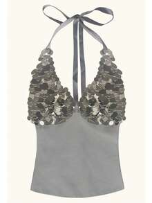 Women Sequin Halter Tops Sleeveless Tie Back Backless Glitter Tank Tops Sparkly Party Rave Going Out Top - Bạc - Xem 2