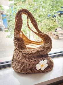 Yogodlns Bolso de hombro de paja de moda para mujer, bolso tejido femenino de gran capacidad, bolso de playa de paja de verano, bolso casual de mano, bolso de compra hecho a mano de ganchillo, bolso de hombro de verano de mujer con tejido hueco de gran capacidad, bolso de playa de malla, bolso de mano