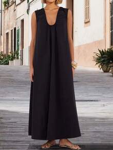 Women's Summer Long Tank Dress Solid Color Sleeveless Scoop Neck Ruched Wide Shoulder Loose Dress - 黑色 - 查看 3
