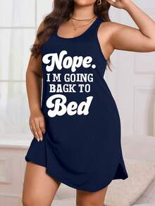 新款加大码女士性感休闲睡衣 - 纯色V领加大码吊带睡裙，无袖睡裙，简约休闲家居服，适合作为情人节礼物，印有“不，我要回床上睡觉”标语 - 藏蓝色 - 查看 2