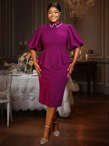 Purple Easter Dress Elegant Midi Dress Short Puff Sleeve Turn Down Collar Hot Drill Peplum Hide Belly Spring Outfits For Women