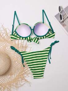 Striped Halter Neck Tie Micro Triangle Bikini Set, Sexy Women's Summer Beach Swimwear - Multicolor - View 4