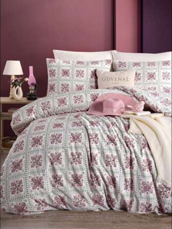 Tillverkad i Turkiet - Güvenal LEO %100 bomull påslakanset för dubbelsäng med dra-på-lakan och 2 örngott - 200x220 cm påslakan med knappstängning + 180x200+30 cm dra-på-lakan + 2 x 50x70 cm kuvertörngott
