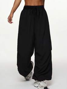 Spodnie sportowe Cargo z szerokimi nogawkami - Regulowane ściągacze przy kostce - Spodnie dresowe Streetwear Utility dla kobiet Rajstopy - Czarne - Zobacz 4