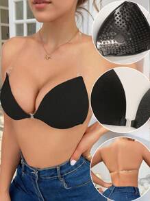 Women's Reusable Black/Colored Self-Adhesive Bra, Fashionable Dress-Style Push-Up Bra With Triangle-Shaped Cups, No Straps Or Shoulder Straps, Silicone Breast Pads, Sexy Lingerie Accessory, Includes A Removable Transparent Strap, Seamless Nude-Colored Lingerie With Button Design, Suitable For Dresses, Parties, Weddings, Formal Wear, Or Everyday Wear.