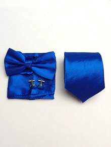 4pcs Men Business Formal Polyester Necktie, Bow Tie, Handkerchief, Cufflink Set, Versatile For Wedding, Celebration And Daily Wear - Navy - View 7