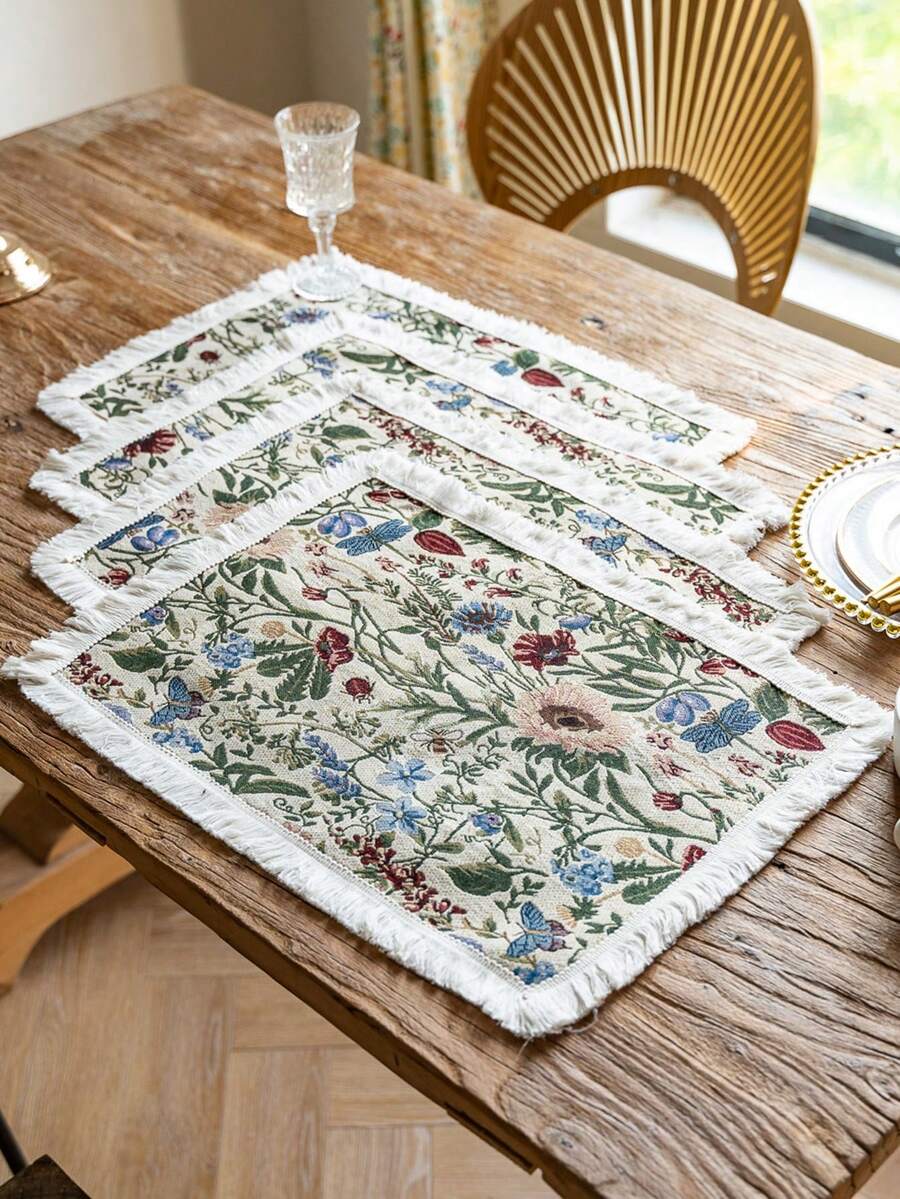 1,4pcs Thickened Yarn Dyed Jacquard Tablecloth, Plant Flower Table Cover, Tassel American Dining Table, Fabric Kitchen - Multicolor - View 1