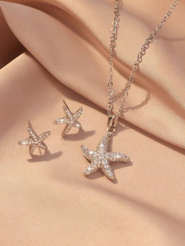 Set di gioielli da donna da 3 pezzi: orecchini a perno a forma di stella marina, abbinati a una elegante collana con ciondolo a forma di stella marina, adatto come regalo, per feste e uso quotidiano