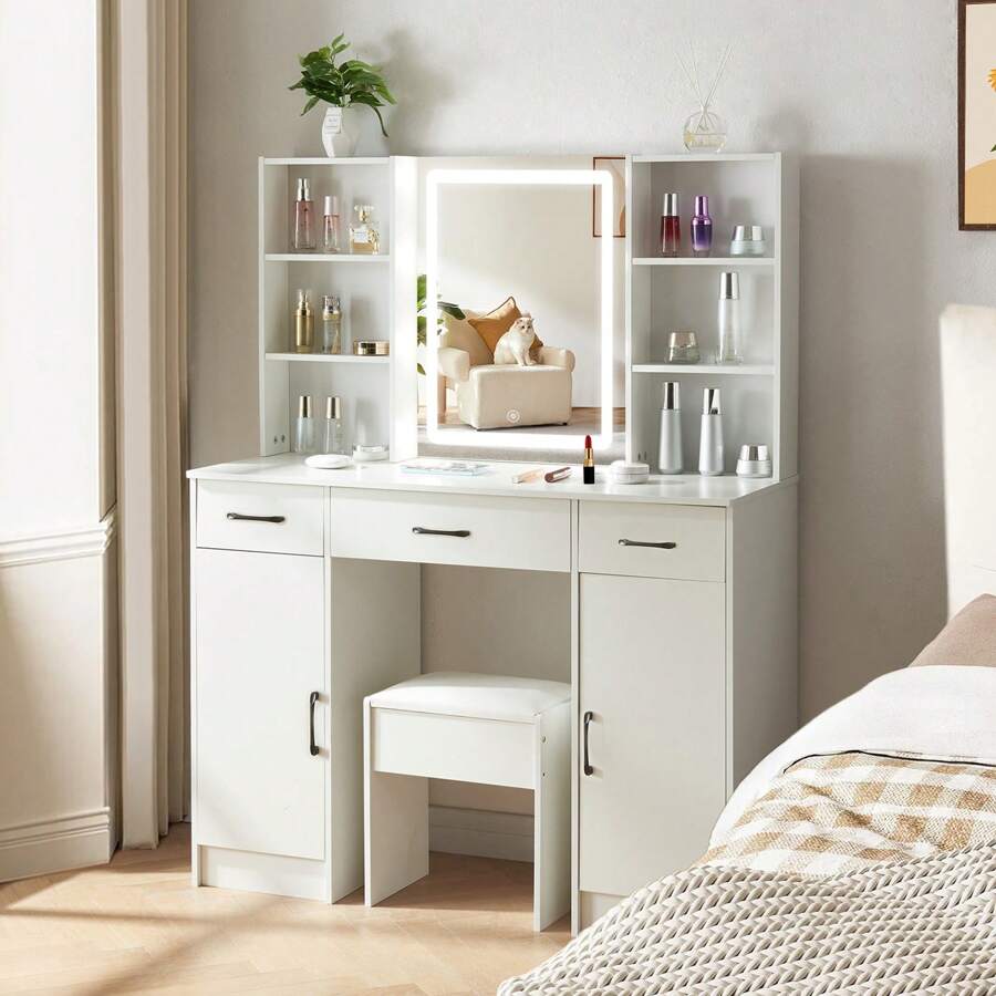Large Vanity Set LED Lighted Mirror Dressing Makeup Table 3 Drawers Stool Dressing Table Stool Set With Smart LED Mirror Makeup Vanity Desk