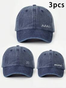 3pcs Embroidered "Mama + Dad + Mini" Matching Washed Baseball Caps, Adjustable Outdoor Sun Protection Casual Hats For Boys & Girls, Suitable For Spring, Autumn, Travel, Beach