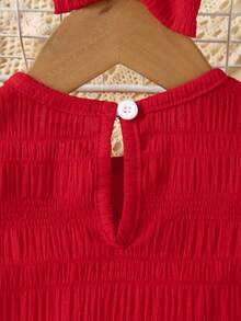 Baby Mädchen Sommer Lässig minimalistisches Jacquard Volant Ärmel Rundhals Kleid mit Knopf hinten und Schleifenbandana