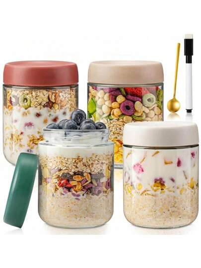 1/4PCS 500 MI Round Hole Overnight Oat Cups With Screw Covers. Instant Glass Cups For Homemade Jam. Seasoning Candied Fruit Jar, Mason Jar,Assorted Colors Glass Yogurt Containers, Ideal For Overnight Oats, Cereal, And Meal Planning For Work And Travel,Gifts For Women, National Day, Back To School Season, Back To School Season, Halloween, Christmas Gift Selection