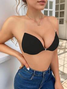 Women's Reusable Black/Colored Self-Adhesive Bra, Fashionable Dress-Style Push-Up Bra With Triangle-Shaped Cups, No Straps Or Shoulder Straps, Silicone Breast Pads, Sexy Lingerie Accessory, Includes A Removable Transparent Strap, Seamless Nude-Colored Lingerie With Button Design, Suitable For Dresses, Parties, Weddings, Formal Wear, Or Everyday Wear.