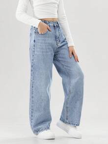 10-14 Year Old Girls' Fashionable Non Elastic Stir Fried Flower Wash Y2K Style Elastic Waist Loose Straight Leg Pants - 淺色水洗藍 - 查看 4