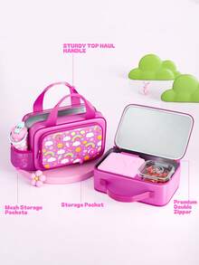 Meoky 保温午餐盒 - 1 个大容量保温袋，带侧网袋，可爱卡通设计，可重复使用的便当午餐手提袋，可保持食物温暖新鲜，非常适合上学、野餐和旅行 - 粉色 - 查看 6