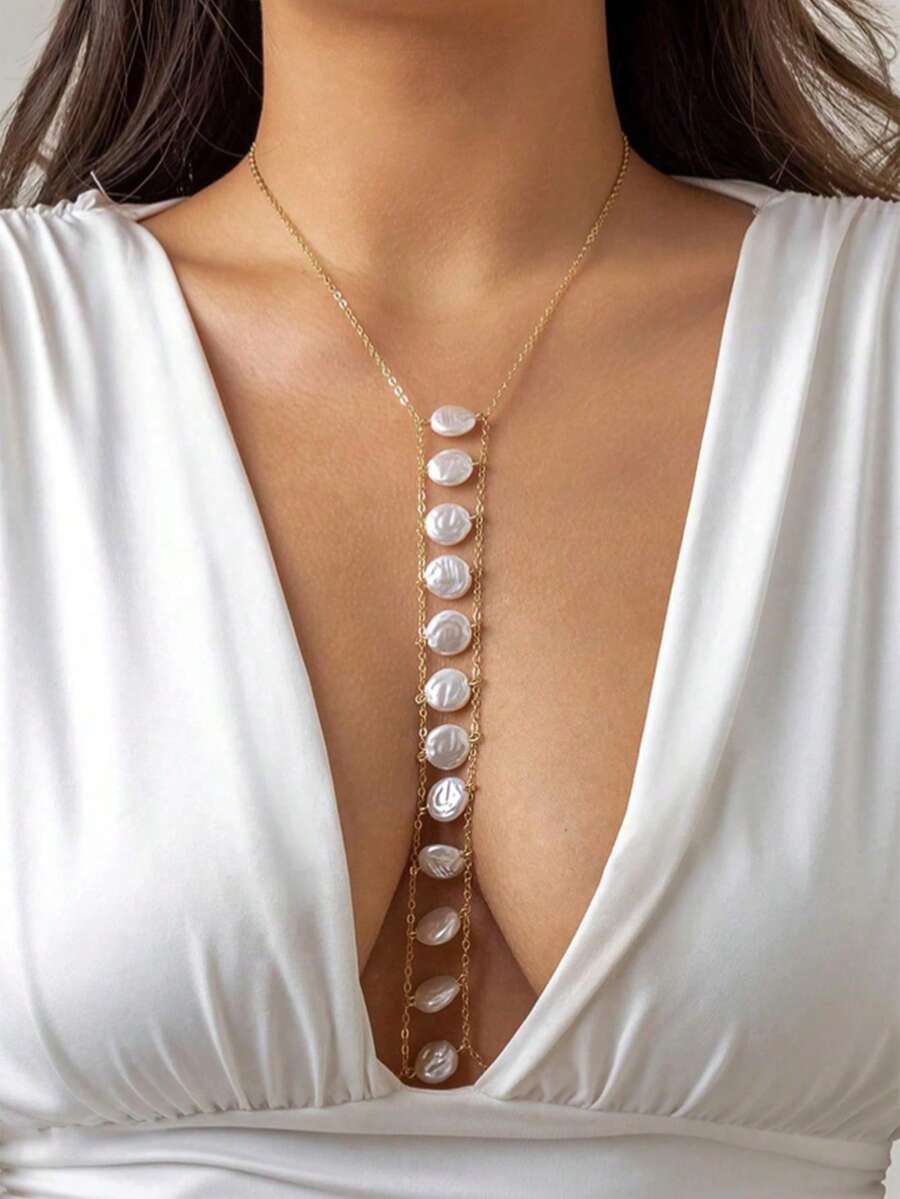 1 Piece Sexy Women's Body Jewelry Elegant Bohemian Imitation Pearl Beach Body Chain Romantic Long Tassel Necklace Chest Chain Sexy Exaggerated Fashion Jewelry Suitable For Any Occasion Best Gift For Girlfriends - 性感仿珍珠身體鏈 - 查看 1