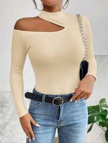 Women's T-Shirt Blouse Suplex Fabric Long Sleeve High Neck Asymmetrical Cut Ideal For Meetings And Casual Use - 米色 - 查看 1