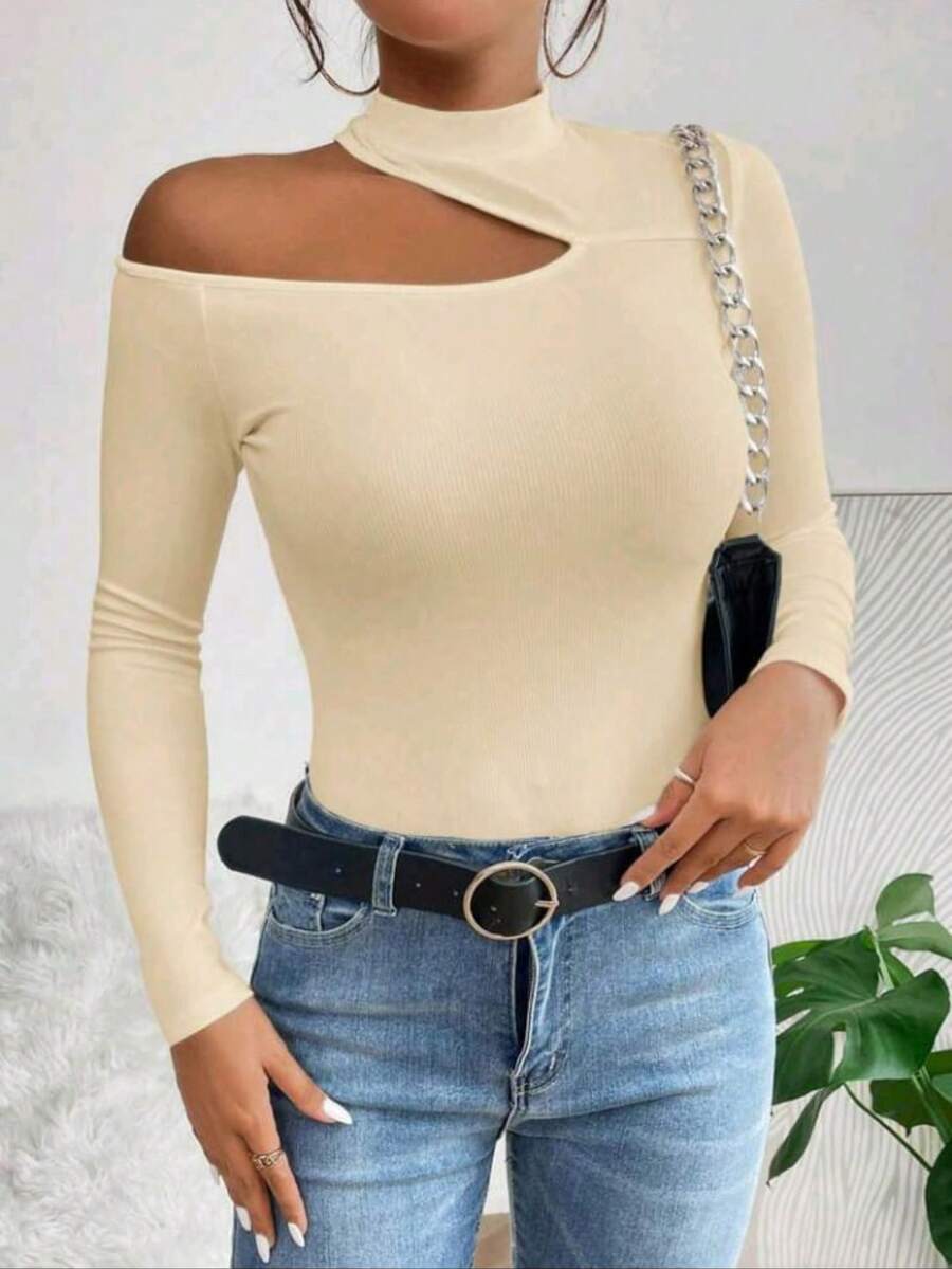 Women's T-Shirt Blouse Suplex Fabric Long Sleeve High Neck Asymmetrical Cut Ideal For Meetings And Casual Use - 米色 - 查看 1