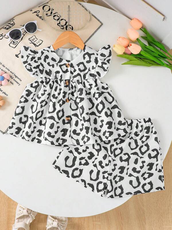Girl's 2 Pieces Outfit Set - Leopard Print Shirt Dress With Button Opening Cardigan And Shorts, Suitable For 4-7 Years Old Girls, Summer Casual Outdoor Daily Wear