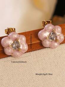 1pc Vintage Romantic Style Colorful Drop Oil Craft Embedded Heart-Shaped Glass Decor Flower Stainless Steel Earrings, Suitable For Women's Daily Wear