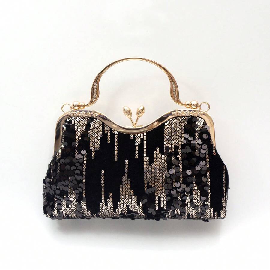 Velvet Black Clutch Bag Decorated With Black Sequin, Floral Motif And Rhinestones, Vintage Elegant Minimalist Style Evening Bag Suitable For Bride, Weddings, Parties, Formal Events, Gift For Mom, Teachers, Girls, Holiday