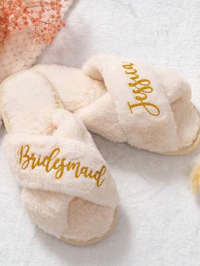 Bride Fluffy Slippers, Personalised Future Bride Crossed White Bridal Wedding Day Slippers, Bridesmaid Slippers
