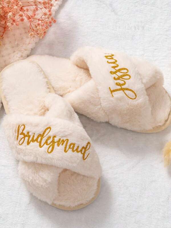 Bride Fluffy Slippers, Personalised Future Bride Crossed White Bridal Wedding Day Slippers, Bridesmaid Slippers