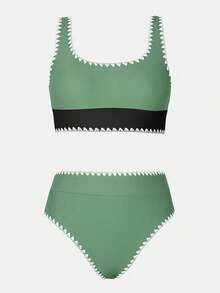 Women's Bikini Sets Two Piece Swimsuit Scoop Neck Tank Wide Straps Midkini Stitching - Green - View 6