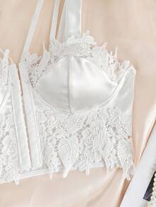 EZNV 1pc Water-Soluble Lace Trim Front Button Tight-Fitting Bustier Top - White - View 9