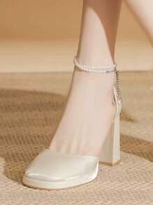 (Suggest Ordering One Size Up) Pearl Waterproof Platform Thick Heel Pumps Women, New Square Toe Mid Heel Dress Shoes To Pair With Skirts