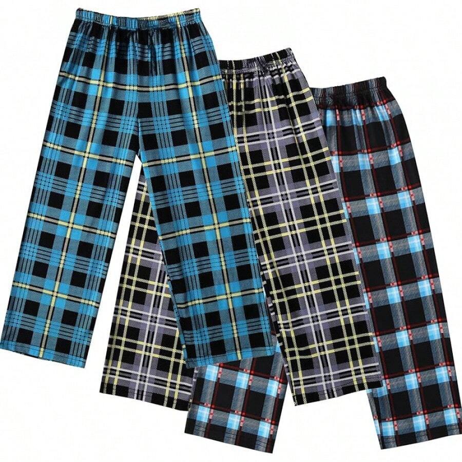 Boys Pajama Pants 3 Pack Sleep Pants Soft Elastic Waist Kids Pajama Bottoms Plaid Lounge Pants With 2 Pockets - Pattern 16 - 查看 1
