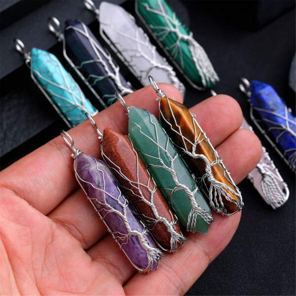 QYDCX Healing Crystal Necklace Tree Of Life Wire Wrapped Natural Stone Point Pendant Necklace Hexagonal Reiki Spiritual Quartz Gemstone Jewelry For Women Men