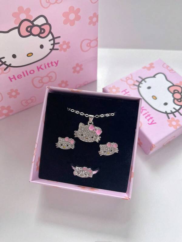 Sanrio Sanrio Hello Kitty 3 Piecesset, Necklace, Ring, Earrings, Gift Box, Gift Bag, Fashionable Collarbone Chain, Suitable For Giving Girlfriends Birthday Gifts, Valentine's Day Gifts, Christmas Gifts, Party Gifts.