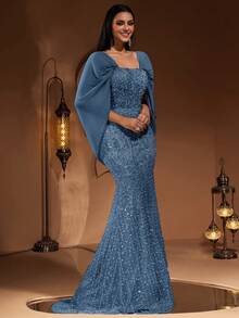 AMILUCK 女款優雅時尚高端亮片與珍珠裝飾抹胸修身魚尾禮服，正式晚宴派對婚禮賓客秋季穿搭 - 海藍色 - 查看 8