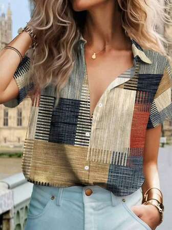 Camisa informal vintage de manga corta con estampado de botones y bloques de color