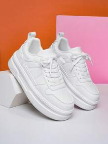 Women's Simple Pure White Leather Patchwork Lace-Up Casual Flat Sneakers, Comfortable Street Casual Outdoor Campus Sports Shoes