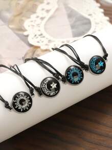 2pcs Glow In The Dark Luminous Couple Bracelets, Best Friends Romantic Gift, Sun Moon Star Wax Rope Bracelet, Suitable For Daily, Date, Party Wear