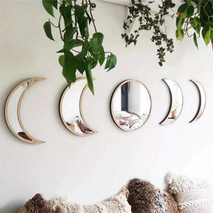 5pcs Moon Phase Mirror Set Scandinavian Natural Decor Wall Decorative Mirror Home Decor Bohemian Moon Mirror For Living Room Bedroom Acrylic Mirror Not Real Mirror Black - 米色 - 查看 1