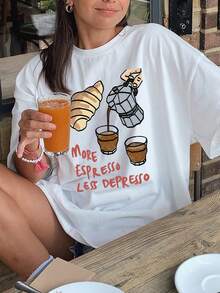 Women's Summer Top T-Shirt, Coffee Pattern, Bread Pattern, Cartoon Cute Pattern Print, Women's Loose Summer Wear, Women's Summer Short Sleeve, Summer Dress, Holiday T-Shirt, Daily T-Shirt, Detail Round Neck Short Sleeve, All Seasons Suitable