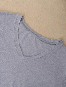 Plus Casual Solid V Neck Simple Fashion T-Shirt Tops - Grey - View 4