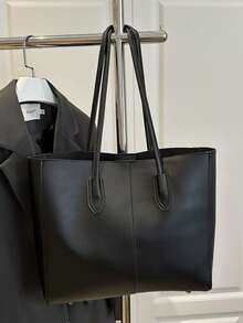 简约别致的 PU 皮革手提包，奢华小众设计，高品质感觉 - 黑色 - 查看 2